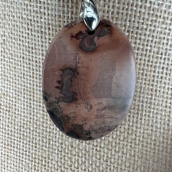 Oval Red Flower Picture Jasper Pendant on Black Satin Rope - Picture 9 of 13